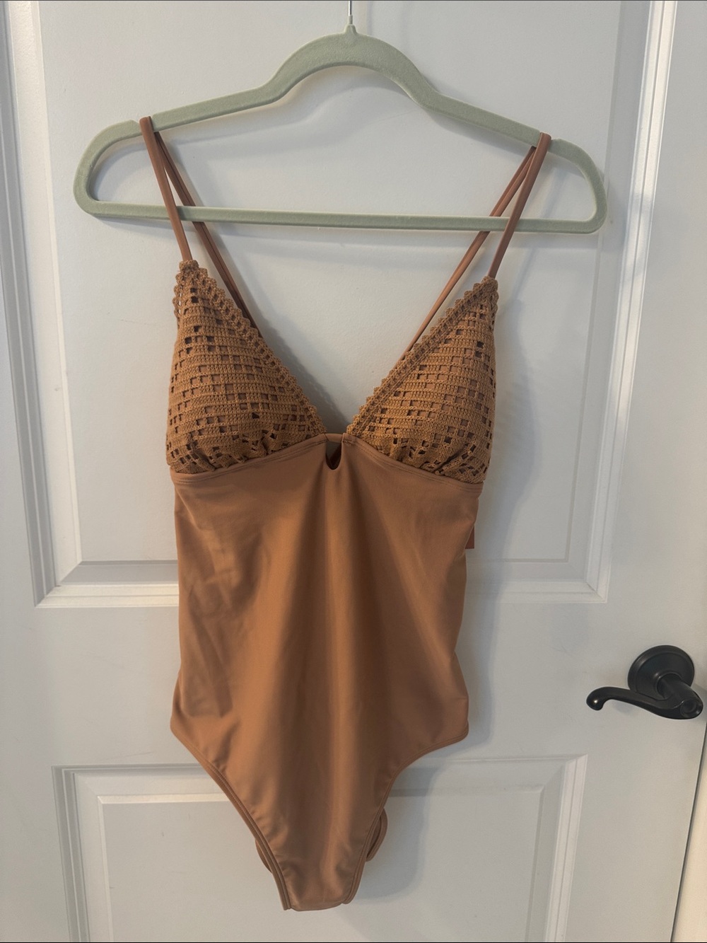 Shade & Shore Tan Crochet-Top One-Piece Swimsuit